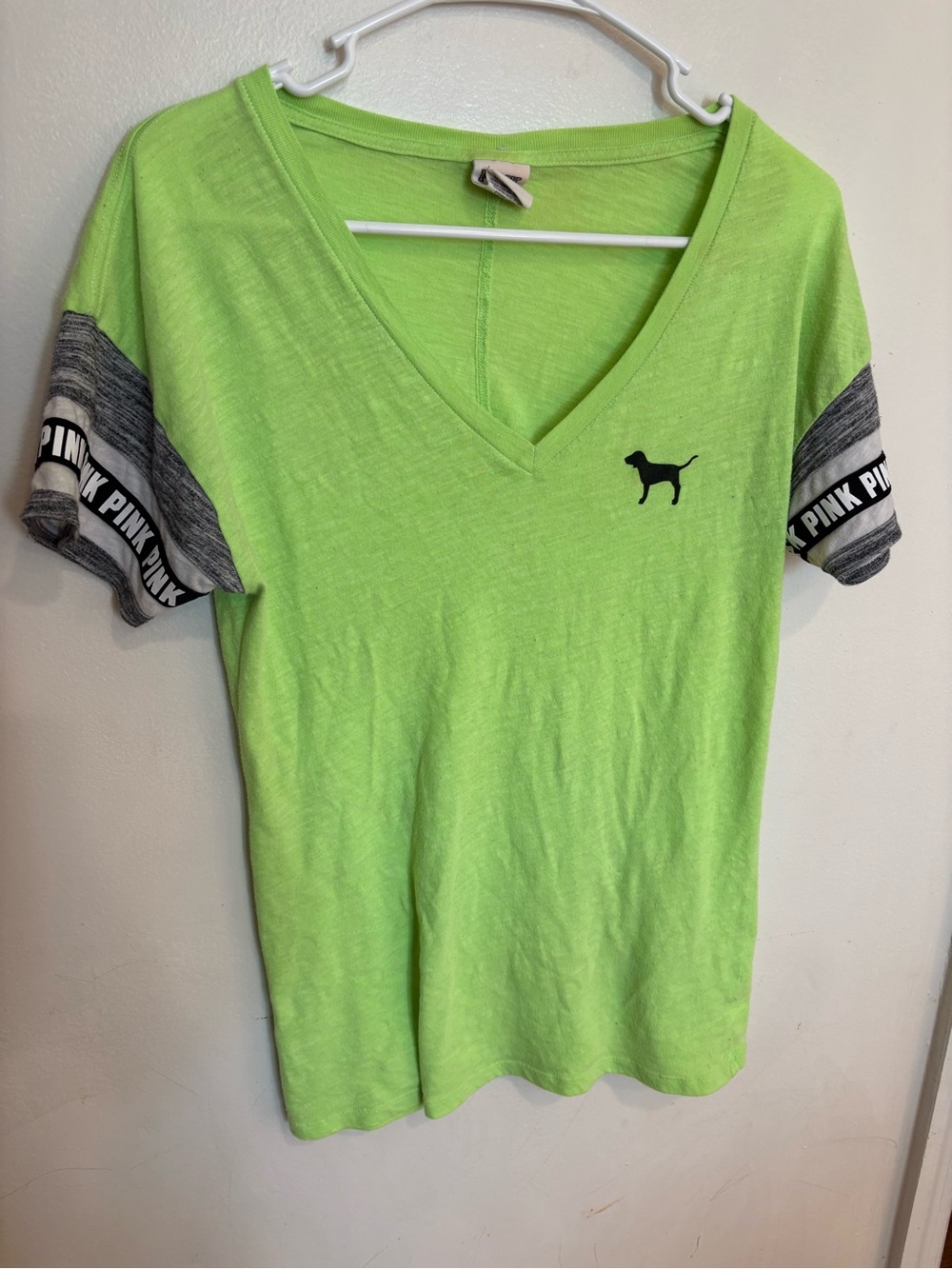 PINK Victoria’s Secret Neon Green V-Neck Tee with Gray Logo Sleeves size XS